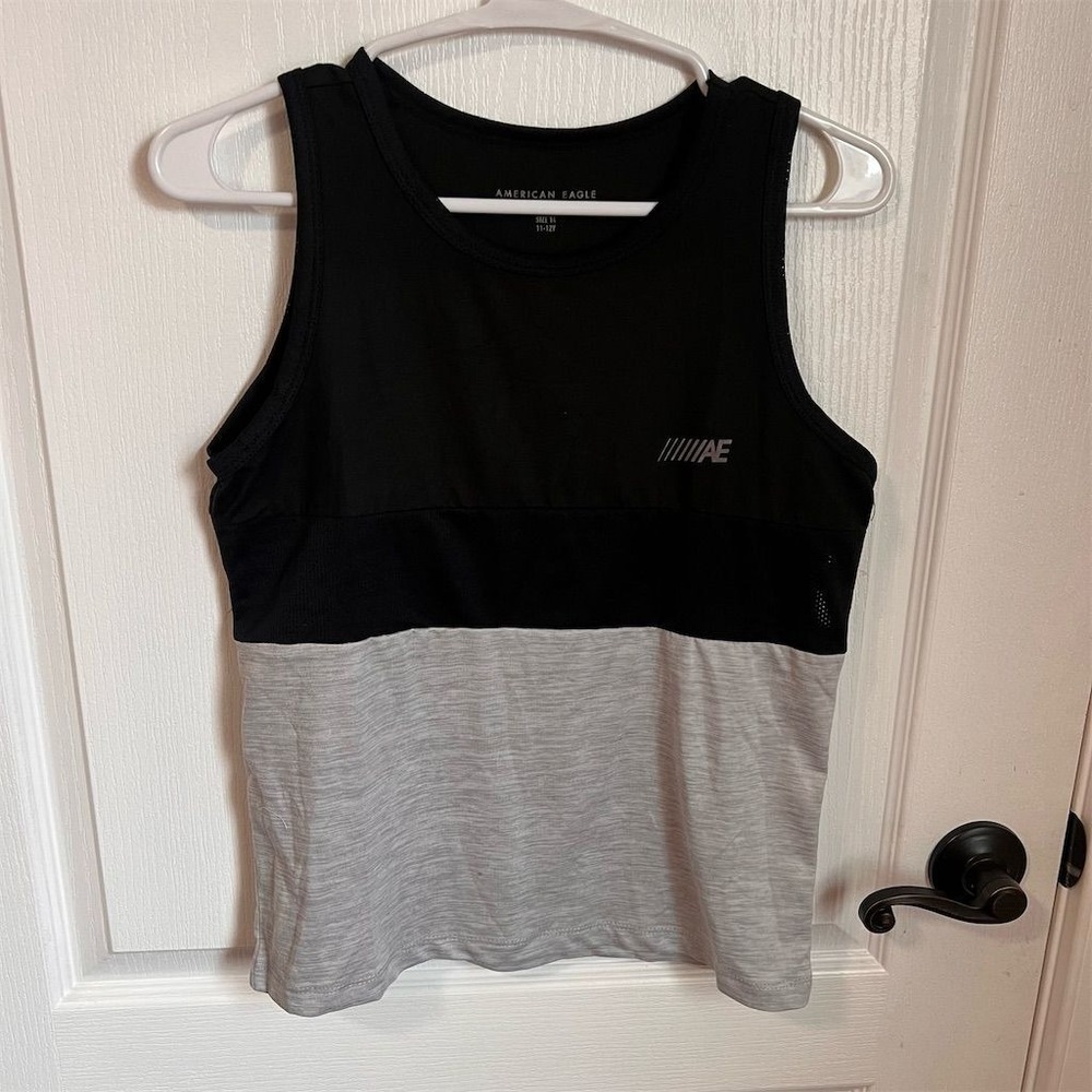 American Eagle Kids Black Grey Colorblock Active Tank Top Size 14 11-12Y Logo